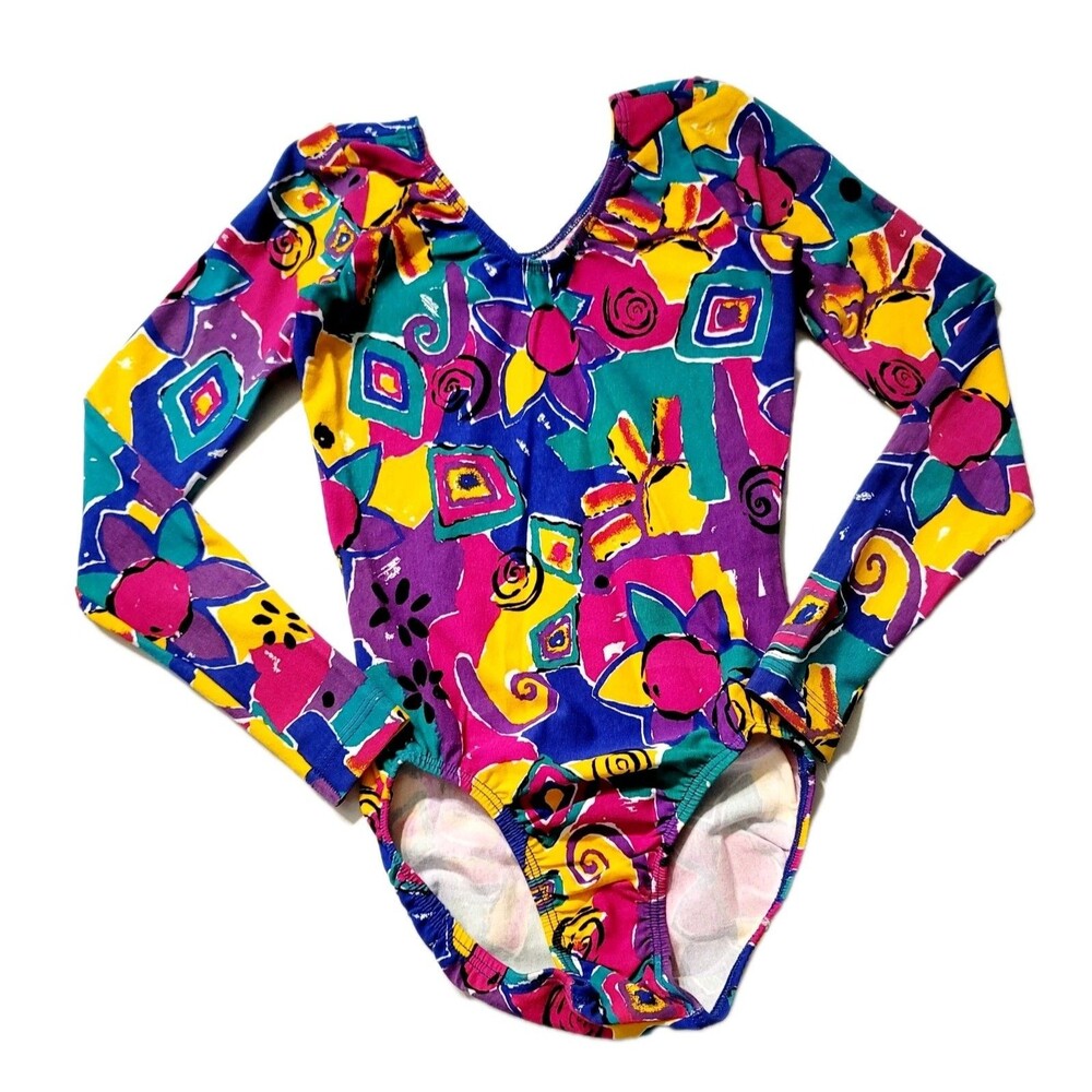 GK Elite VTG 90s Geometric Colorblock Floral LS Cotton Leotard Bodysuit Adult XS